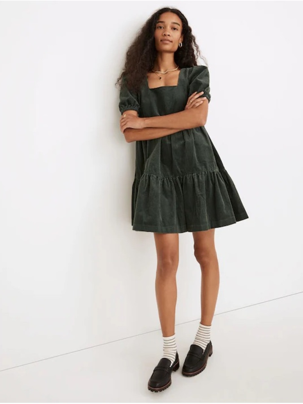 Madewell Corduroy Aidy Square-Neck Tiered Mini Dress